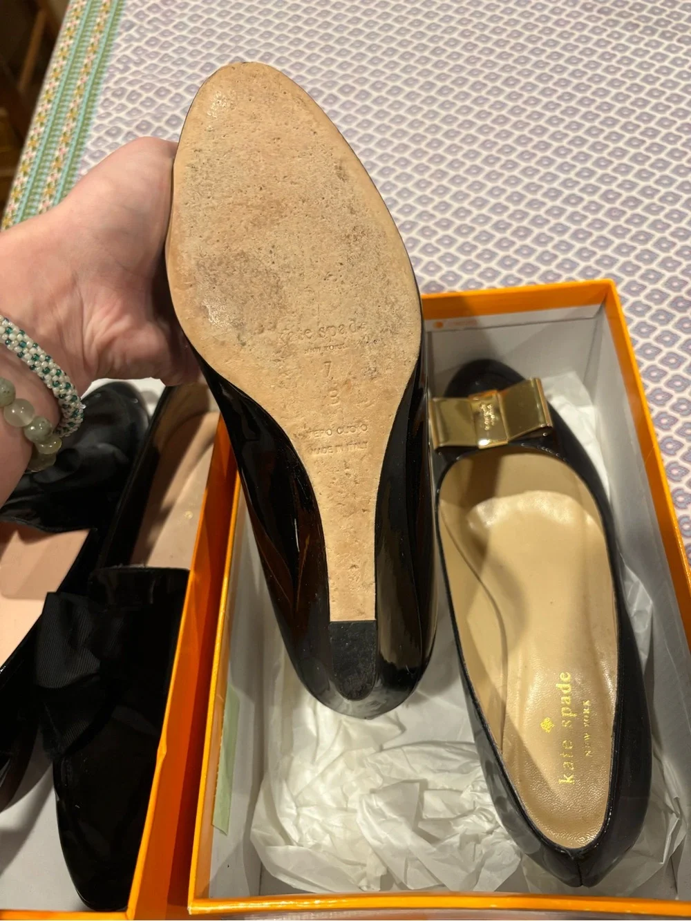kate spade Black Patent Leather Bow Flats with Gold Accent